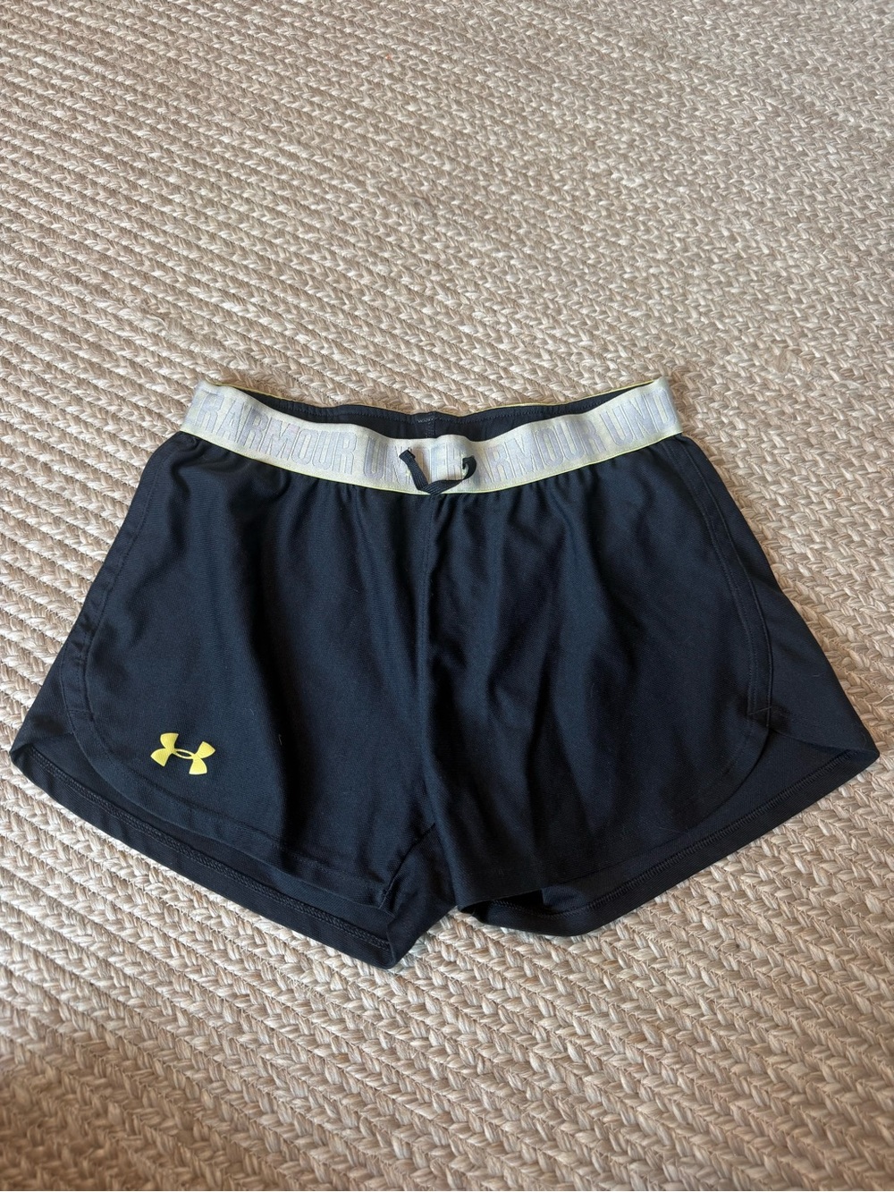 Under Armour Black Athletic Shorts with Yellow Logo and Waistband Trim